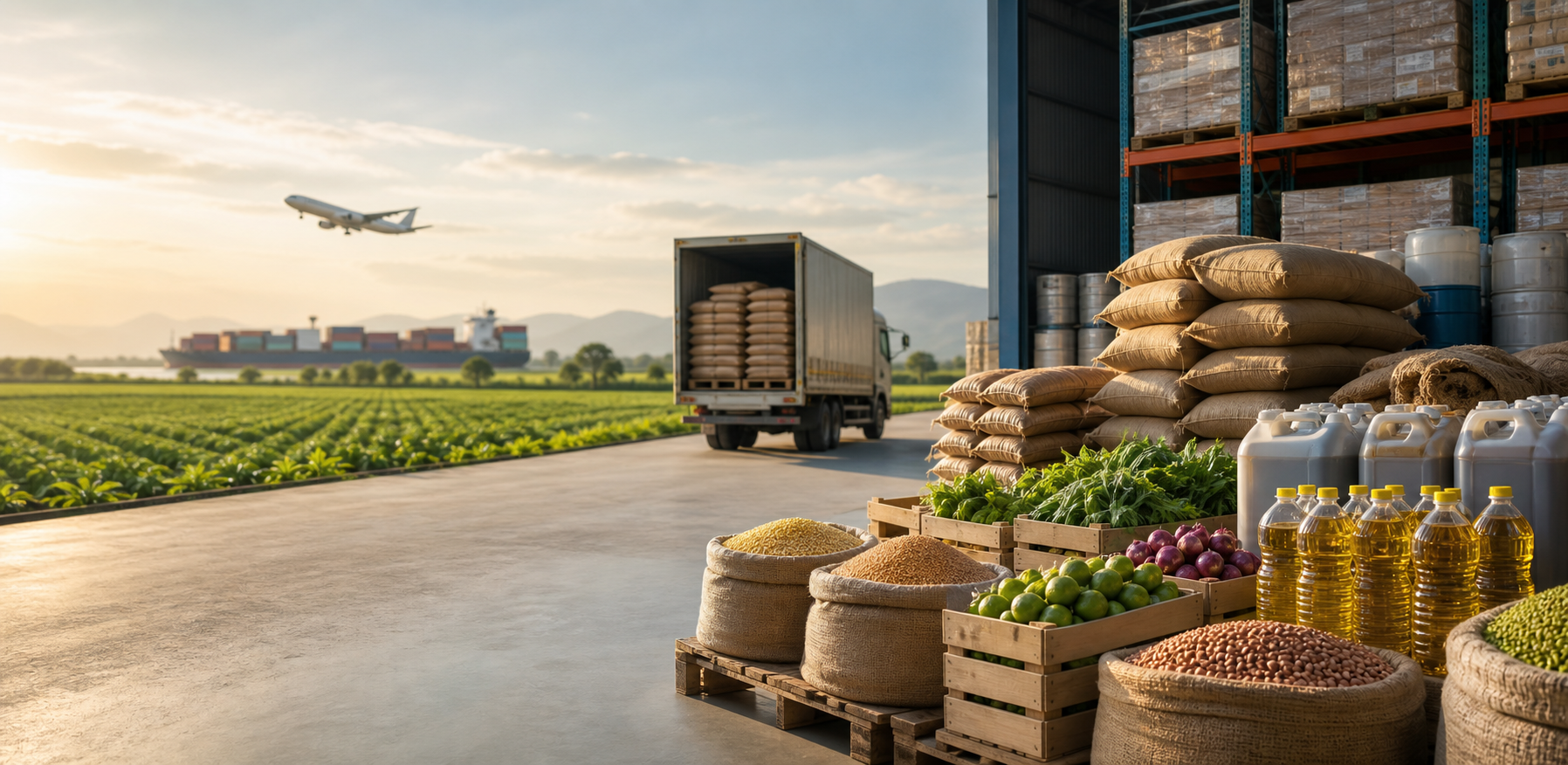 Agro commodity warehouse with grains, edible oils, and logistics support